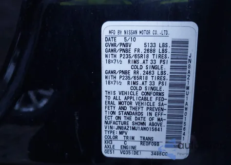 2010 Nissan Murano Sl from USA, damaged, VIN JN8AZ1MU1AW015641